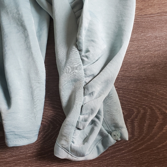 Silk Satin Teal Aqua Blue Dress Shirt Blouse - Picture 4 of 6